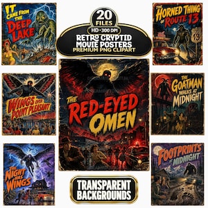 Puede incluir: Una colección de 20 archivos gráficos digitales con carteles de películas de estilo retro con temas de críptidos. Cada cartel muestra títulos únicos, ilustraciones de criaturas y tipografía vintage en archivos PNG de alta definición.