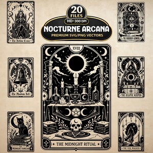 May include: A collection of seven black and white tarot-style cards featuring occult imagery. The central card, titled The Midnight Ritual, depicts a table with candles, bottles, a skull, and a pentagram. Other cards show a skeleton, a chained book, a bell, a cat, a hooded figure, and a cloaked person.