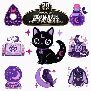 May include: A digital collection of 20 pastel goth witchy magic vector files including a black cat, a raven on a crescent moon, a rabbit, a potion bottle, a crystal ball, a spellbook, and a planchette, all featuring purple and pink moon motifs.