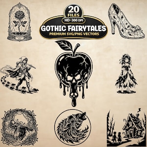 May include: A collection of 20 black and white digital vector illustrations titled GOTHIC FAIRYTALES. The graphics feature a rose in a glass dome, a high-heeled shoe, a flute player with rats, a skull-shaped apple, a princess, a sleeping figure, a wolf, and a house.