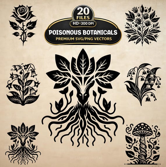 Witchy Poisonous Botanicals SVG PNG Bundle, Gothic Dark Floral Clipart (Digital Download)