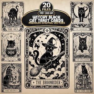May include: A collection of 20 digital files featuring black and white tarot card illustrations of black cats. The cards include titles like The Hex, The Grimoire, The Potion, The Spellkeeper, The Séance, and The Broomrider, showcasing cats with magical items.