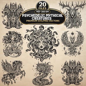Psykedeliska mytiska varelser SVG PNG-paket, 20 trippy mytologi clipart, retrovektorer (digital nedladdning)