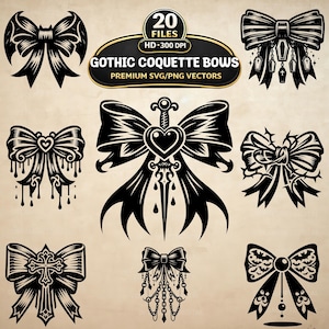May include: A collection of black gothic coquette bow designs. The bows feature various embellishments, including hearts, crosses, coffins, and dripping accents. The image includes text that reads "Gothic Coquette Bows" and "Premium SVG/PNG Vectors."