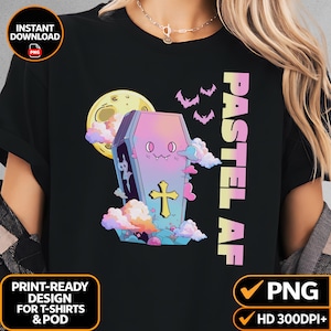 May include: Black t-shirt featuring a pastel coffin illustration with a cross, bats, and the text "PASTEL AF." The design includes a moon and clouds. The image also includes the text "INSTANT DOWNLOAD" and "PRINT-READY DESIGN FOR T-SHIRTS & POD."