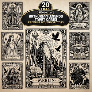 May include: A collection of 20 Arthurian Legends tarot cards in black and white vector format. The set features detailed illustrations of King Arthur, Lady of the Lake, Queen Guinevere, Merlin, The Round Table, Morgana Le Fay, and The Black Knight.