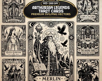 Arthurian Legends Tarot SVG PNG Bundle, King Arthur and Merlin Medieval Clipart (Digital Download)