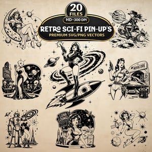 Paquete de imágenes SVG y PNG de pin-ups de ciencia ficción retro, 20 imágenes prediseñadas vintage de chicas espaciales atómicas (descarga digital)