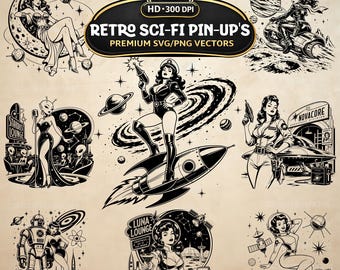 Retro Sci-Fi Pin-Up SVG PNG Bundle, 20 Vintage Atomic Space Girl Clipart (Digitaler Download)