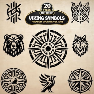 May include: A collection of black Viking-themed graphic symbols on a light background. The set includes a bear head, a wolf head, a bird, and various circular geometric patterns. Text at the top reads 20 FILES HD 300 DPI VIKING SYMBOLS.
