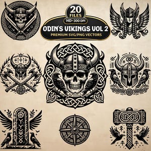 May include: A collection of black and white vector illustrations featuring Viking-themed designs, including skulls in horned helmets, ravens, axes, a compass, and runic stones. The central text reads 20 FILES HD 300 DPI ODIN'S VIKINGS VOL 2.