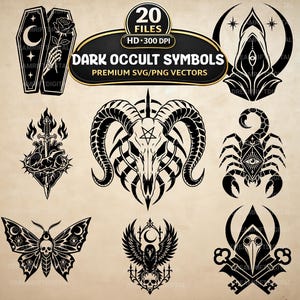 Op de afbeelding: Een verzameling zwart-witte digitale grafische illustraties met duistere occulte symbolen, waaronder een doodskist met een roos, een ramsschedel met een pentagram, een schorpioen, een mot met een schedel, een raaf en een pestmeestermasker met sleutels.