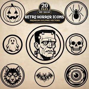 Op de afbeelding: Een verzameling zwart-witte ronde iconen met een pompoen, spin, spook, Frankenstein-monster, schedel, wolf, vleermuis en oog. De centrale tekst luidt 20 FILES HD 300 DPI RETRO HORROR ICONS PREMIUM SVG/PNG VECTORS.