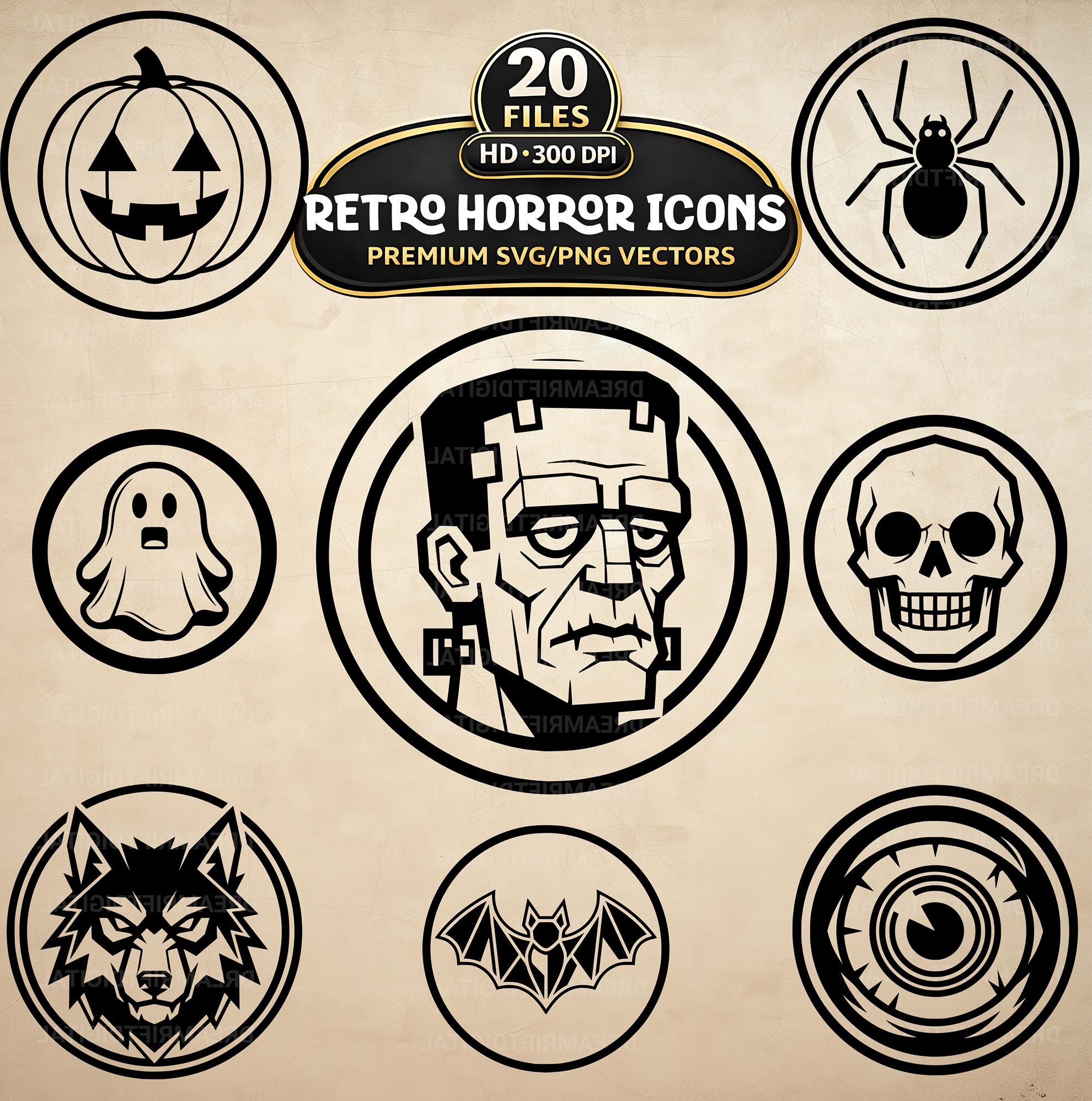 Retro Horror Icons SVG PNG Bundle, 20 Spooky Vintage Vector Art ...