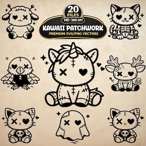 Pacchetto di peluche Kawaii Patchwork in formato SVG e PNG, 20 clipart di animali in stile voodoo spettrale (download digitale)