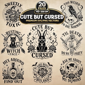 Peut inclure: Un ensemble de 20 designs graphiques numériques en noir et blanc sur des thèmes occultes et gothiques. Les illustrations incluent un serpent, un corbeau, un crâne, un chat, un lapin, une rose, une fiole et un démon, avec le texte Cute But Cursed.