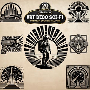 May include: A collection of black and white digital vector illustrations featuring science fiction themes in an art deco style. The set includes an astronaut, a rocket, a ray gun, a robot, and cityscapes, with text reading 20 FILES HD 300 DPI.