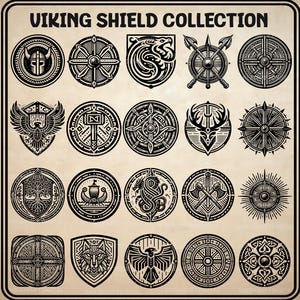 May include: A collection of twenty black and white circular and shield-shaped icons titled VIKING SHIELD COLLECTION. The designs feature intricate line art including a helmet, a dragon, a ship, axes, a tree, a wolf, and various geometric patterns.