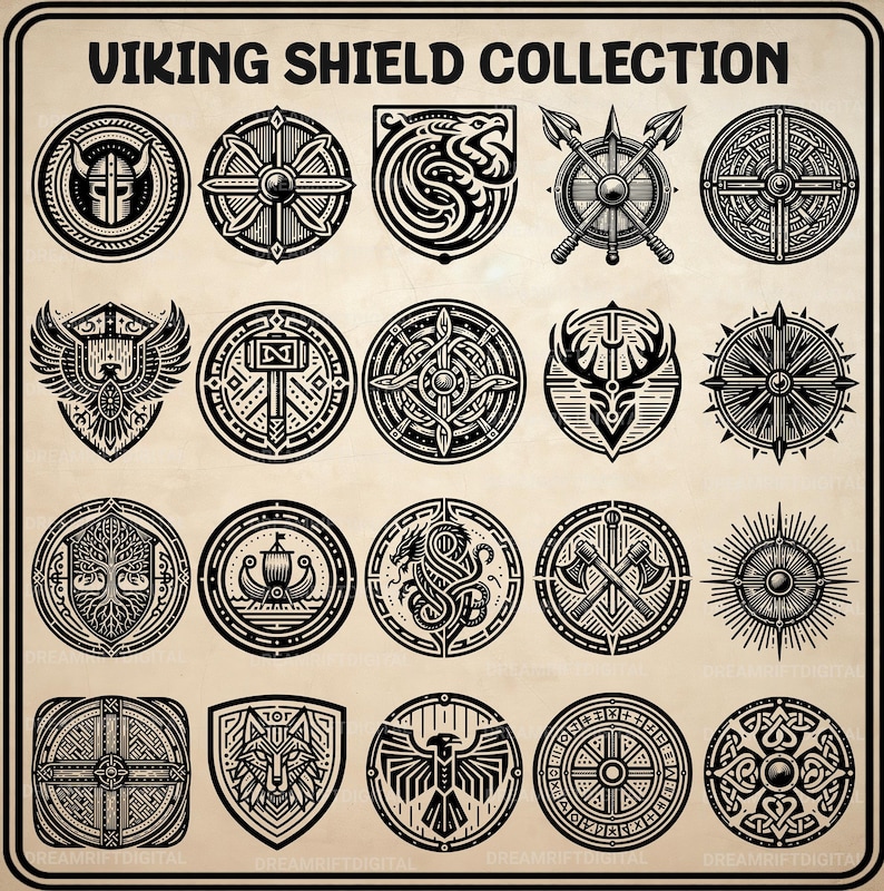 May include: A collection of twenty black and white circular and shield-shaped icons titled VIKING SHIELD COLLECTION. The designs feature intricate line art including a helmet, a dragon, a ship, axes, a tree, a wolf, and various geometric patterns.