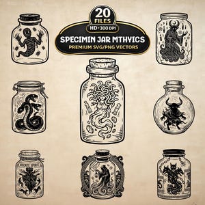Op de afbeelding: Een verzameling van acht zwart-wit vectorillustraties van glazen potten met mythische wezens, waaronder een mummie, een gorgon en een minotaurus. De centrale tekst luidt 20 FILES HD 300 DPI SPECIMIN JAR MTHYICS.