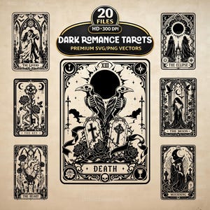 May include: A collection of black and white tarot card illustrations featuring gothic imagery including skeletons, ravens, roses, and figures. The central card is labeled DEATH, with other cards titled THE LOVERS, THE KEY, THE HEART, THE ECLIPSE, THE MOON, and MOURNING.