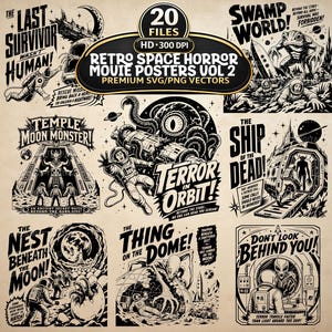 May include: A collection of 20 black and white retro space horror movie poster designs featuring astronauts, alien creatures, spaceships, and planets. Each graphic includes bold typography with titles like The Last Survivor, Terror in Orbit, and Swamp World.
