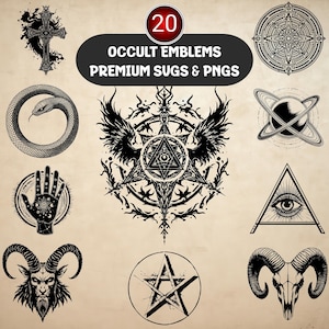 Puede incluir: Una colección de 20 diseños de emblemas ocultos en blanco y negro. Los diseños incluyen una cruz, una serpiente, una mano con símbolos, una cabeza de cabra, un pentagrama, una rosa de los vientos, un planeta con anillos, un ojo en un triángulo y una calavera de carnero.