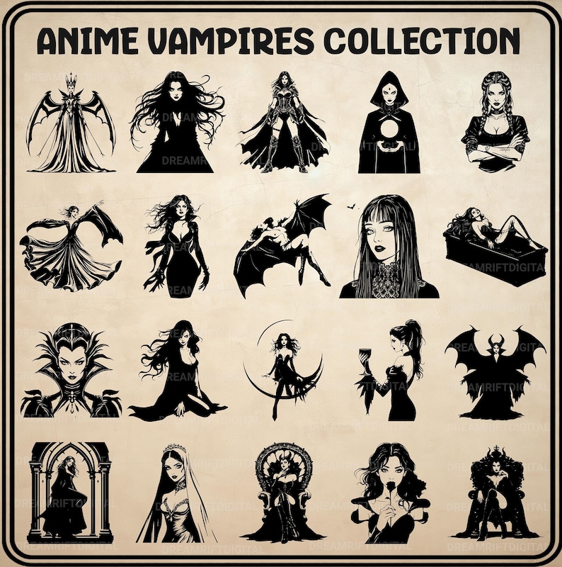Gothic Anime Vampire SVG PNG Bundle, 20 Dark Fantasy Silhouette, Spooky ...