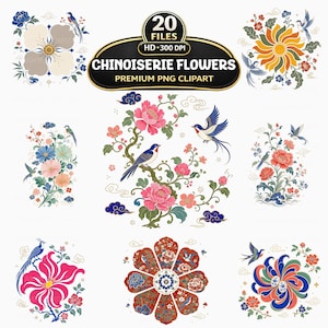 Può includere: Una collezione di disegni floreali Chinoiserie in formato clipart PNG. I disegni presentano fiori colorati, uccelli ed elementi decorativi in uno stile asiatico tradizionale. L'immagine include il testo "CHINOISERIE FLOWERS PREMIUM PNG CLIPART".