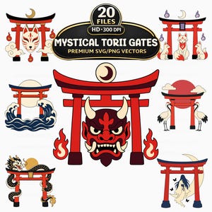 Puede incluir: Una colección digital de 20 archivos vectoriales SVG y PNG de Mystical Torii Gates. Los gráficos muestran puertas torii rojas combinadas con varios elementos, incluyendo una máscara de zorro, zorros, olas, una máscara oni roja, grullas, un dragón y una figura sobre una luna.