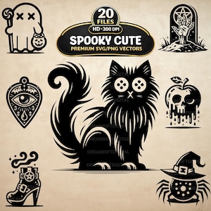 Spooky Cute SVG PNG-bundel, griezelige gotische clipartset, griezelige kawaii vectorkunst voor POD, Cricut, sublimatie, plakboek en knutselen