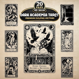 May include: A collection of seven black and white tarot card illustrations featuring intricate gothic designs, including a central card with an open book and flying ravens, with text labels such as Every Ending Becomes A Beginning and 20 Files.