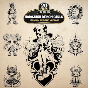 Op de afbeelding: Zwart-wit vectorillustraties van Harajuku Demon Girls. De afbeelding toont verschillende gestileerde, op anime geïnspireerde personages met hoorns, uitgebreide kapsels en gotische mode. De tekst "Harajuku Demon Girls" is prominent aanwezig.
