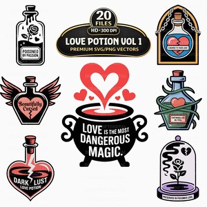 May include: A collection of digital graphic illustrations featuring potion bottles, a cauldron, and a rose under glass. Text includes "LOVE POTION VOL 1", "POISONED BY PASSION", "BEAUTIFULLY CURSED", "LOVE IS THE MOST DANGEROUS MAGIC", "ENTANGLED IN YOU", "DARK LUST", and "PRESERVED IN POISONED LOVE".
