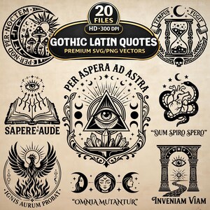 Puede incluir: Una colección de 20 diseños gráficos digitales en blanco y negro con citas latinas góticas y símbolos místicos que incluyen un ojo que todo lo ve, un reloj de arena, setas, un fénix, una serpiente y fases lunares, etiquetados como Gothic Latin Quotes.
