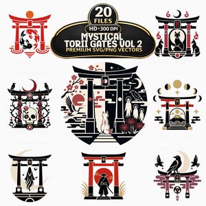 Può includere: Una collezione digitale di 20 illustrazioni vettoriali con porte torii, pesci koi, volpi, teschi, gru e figure di samurai in rosso, nero e bianco. Il testo centrale recita 20 FILES HD 300 DPI MYSTICAL TORII GATES VOL 2 PREMIUM SVG/PNG VECTORS.