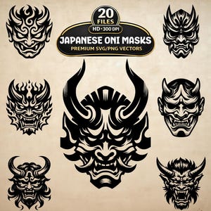 Japansk Oni-mask SVG PNG-paket, 20 demonmask-clipart, tatueringsstil (digital nedladdning)