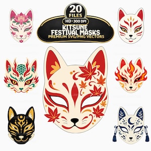 Kitsune Festival Mask SVG PNG Bundle, 20 Fox Spirit Clipart, Japanese Yokai (Digital Download)