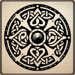 May include: A circular graphic design featuring a black and beige color scheme. The artwork displays an intricate pattern of interwoven lines forming four heart-like shapes arranged around a central circle with a small, radiating sunburst icon.
