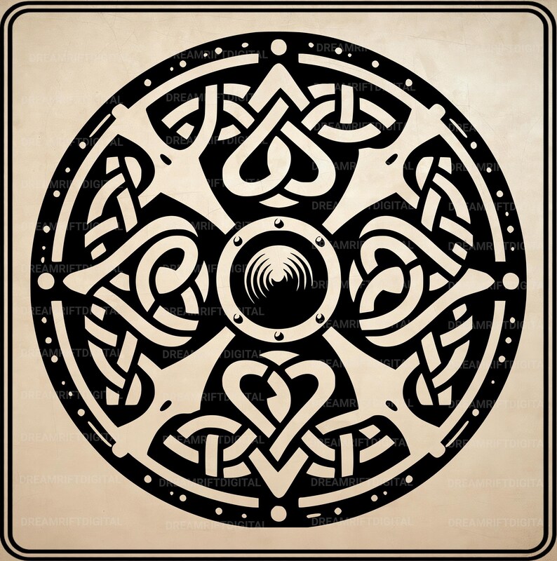 May include: A circular graphic design featuring a black and beige color scheme. The artwork displays an intricate pattern of interwoven lines forming four heart-like shapes arranged around a central circle with a small, radiating sunburst icon.