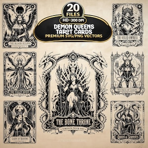 May include: A collection of 20 black and white digital tarot card illustrations titled Demon Queens Tarot Cards. The designs feature gothic figures including The Blood Eclipse, The Veiled Empress, The Fallen Queen, The Bone Throne, Mistress of Chains, Lady of Ravens, and Queen of Serpents, all rendered in intricate line art.