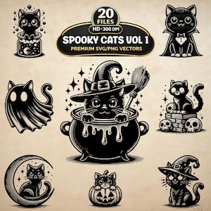 May include: A collection of black and white vector illustrations featuring cats in various spooky themes, including a cat in a cauldron, a cat as a ghost, a cat in a pumpkin, and a cat on a crescent moon, with the text SPOOKY CATS VOL 1.