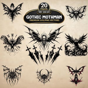 Op de afbeelding: Een verzameling zwart-witte Gothic Mothman-ontwerpen, waaronder gevleugelde wezens, zwaarden en een schedel. De ontwerpen zijn ingewikkeld en gedetailleerd, met een vintage esthetiek. De tekst "Gothic Mothman" wordt weergegeven.