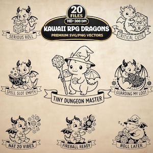 Puede incluir: Una colección de gráficos vectoriales Kawaii RPG Dragons en blanco y negro. Cada dragón se representa en una pose juguetona con dados, pancartas y texto. El texto incluye frases como "Serious Roll", "Critical Cutie" y "Tiny Dungeon Master".