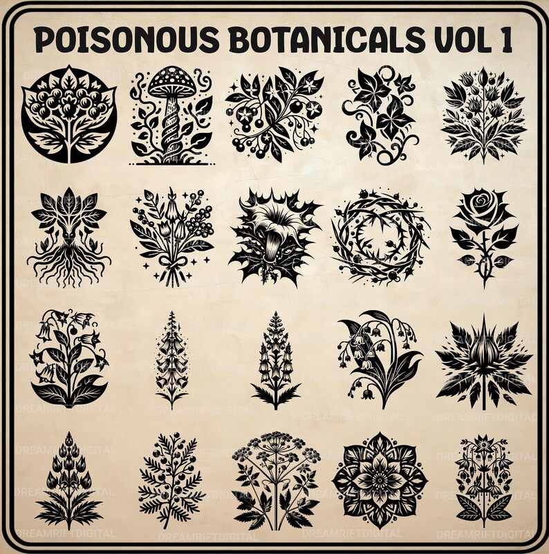 May include: A collection of twenty black botanical illustrations on a light beige background, titled POISONOUS BOTANICALS VOL 1. The set features various plants, flowers, mushrooms, and thorny vines rendered in a high-contrast graphic style.