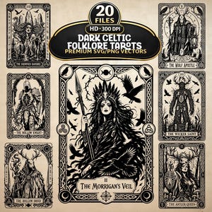 May include: A collection of seven black and white tarot card illustrations featuring dark Celtic folklore themes. The cards depict figures like The Drowned Banshee, The Wolf Apostle, The Hollow Knight, The Wicker Saint, The Hollow Druid, The Morrigan's Veil, and The Antler Queen, all framed with intricate knotwork borders.