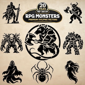 Paquete de imágenes SVG y PNG de monstruos para juegos de rol, 20 siluetas de criaturas fantásticas, vectores para juegos de mesa (descarga digital)