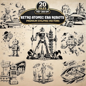 Paquete de imágenes SVG y PNG de robots de la era atómica retro, 20 imágenes prediseñadas espaciales de mediados de siglo (descarga digital)