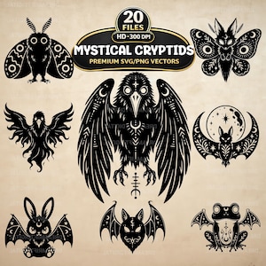Paquete de imágenes SVG y PNG de criaturas críptidas místicas, 20 imágenes prediseñadas de fantasía oscura gótica, arte de brujas (descarga digital)