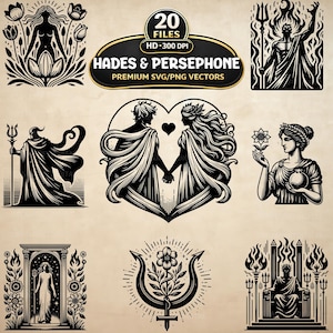 May include: Black and white vector illustrations featuring figures from Greek mythology. The collection includes images of Hades and Persephone, along with other related symbols and designs. The text reads "Hades & Persephone Premium SVG/PNG Vectors".